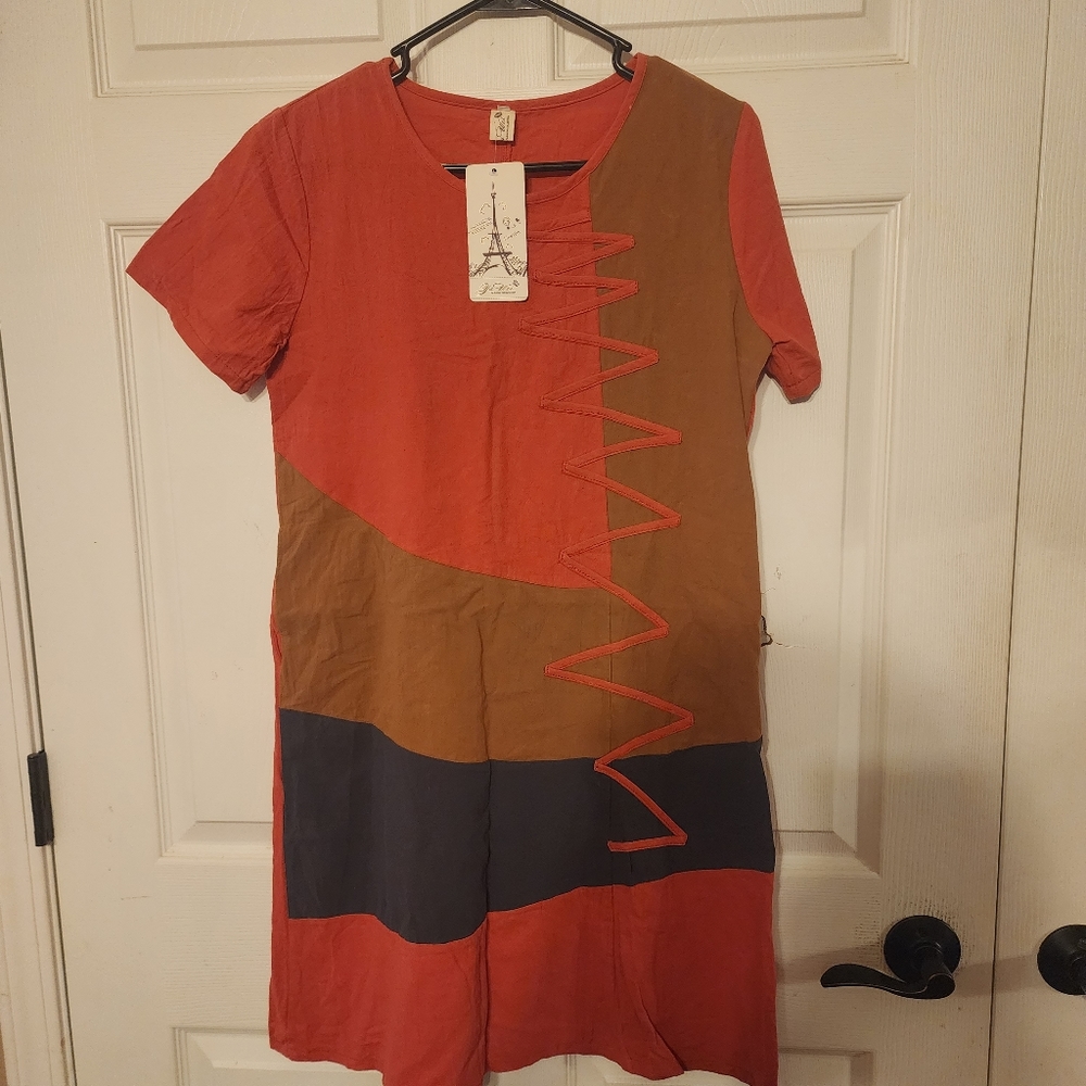 Ya Wei Women's Cotton Geometric Short Sleeve Dress Size Large